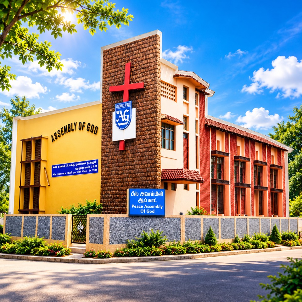 The Peace Assembly of God church building, with a red cross on its brick tower and the church name sign at the front gate