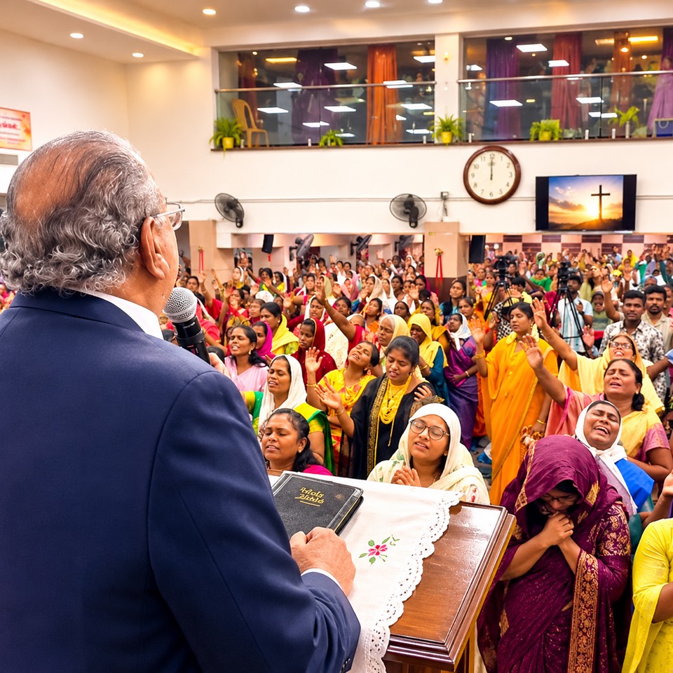 The pastor preaching from the pulpit as the congregation prays and worships with hands raised