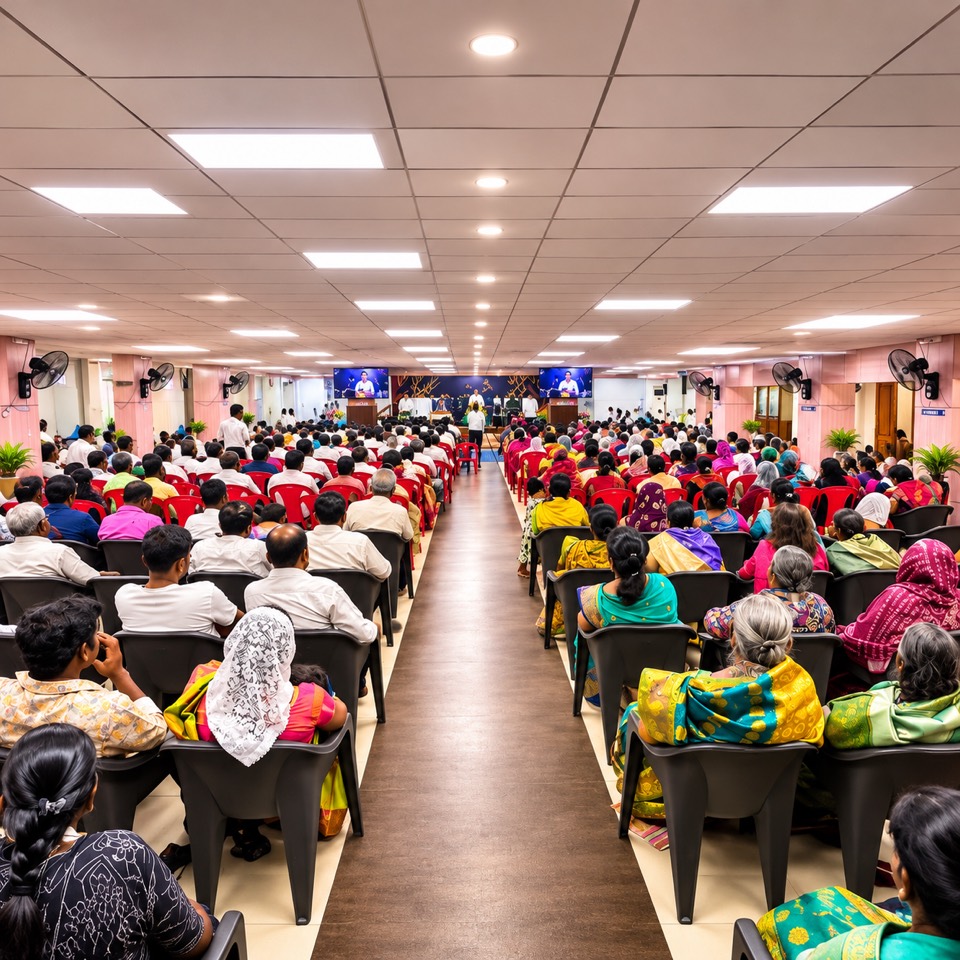 A full sanctuary seen from the back during a service, with the speaker on the screens at the front