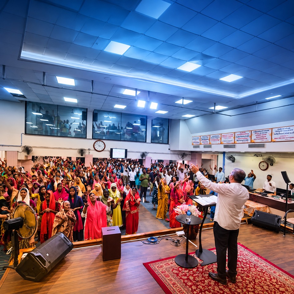 The pastor leading worship from the stage as the congregation lifts their hands, with more worshippers in the upper room
