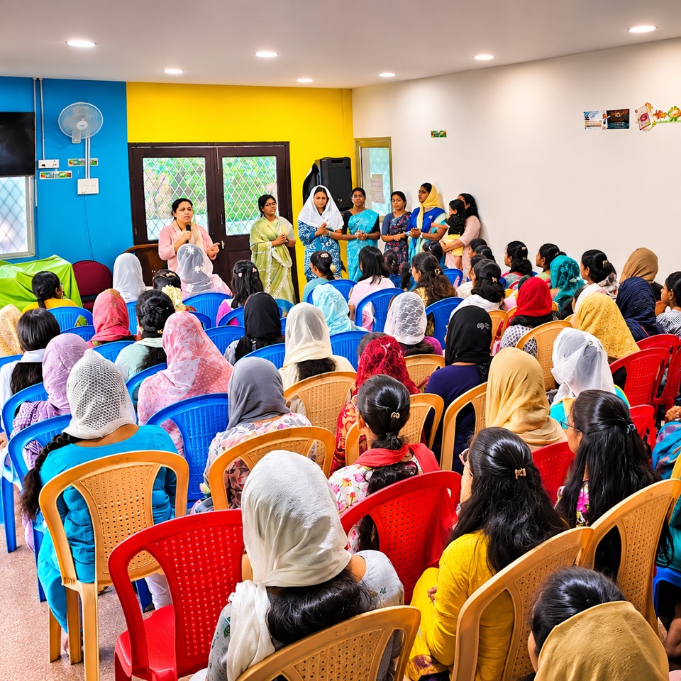 Women gathered for a women's fellowship meeting as a leader speaks