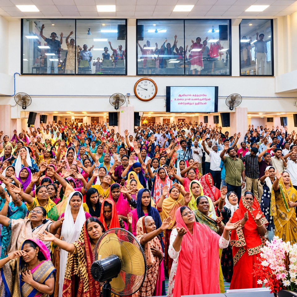 The congregation worshipping with hands raised in the Peace AG Church sanctuary, with more worshippers in the upper room above